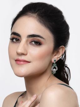 ZENEME - Rhodium-Plated Green American Diamond Studded Floral Shaped Drop Earrings for Women