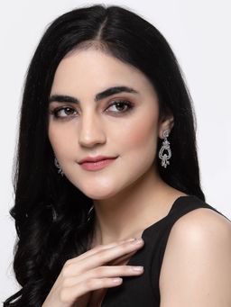 ZENEME - Rhodium-Plated Pink American Diamond Studded Floral Shaped Drop Earrings for Women