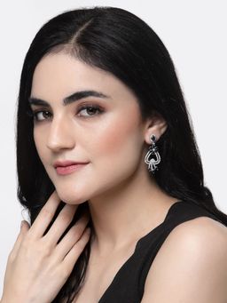 ZENEME - Rhodium-Plated Blue American Diamond Studded Floral Shaped Drop Earrings for Women