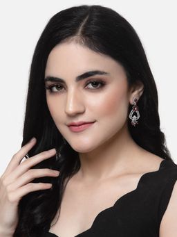 ZENEME - Rhodium-Plated Red American Diamond Studded Floral Shaped Drop Earrings for Women