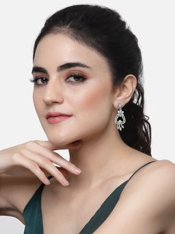 ZENEME - Rhodium-Plated Green American Diamond Studded Floral Shaped Drop Earrings for Women