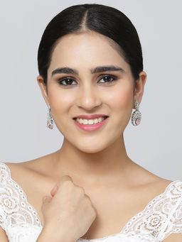 ZENEME - Silver Toned Rhodium Pink Crystal American Diamond Pink Oval Drop Earrings for Women