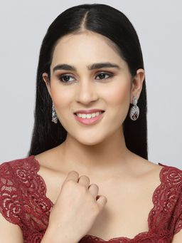 ZENEME - Silver Toned Rhodium Red Crystal American Diamond Pink Oval Drop Earrings for Women