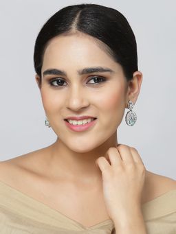 ZENEME - Silver Toned Rhodium Green Crystal American Diamond Pink Oval Drop Earrings for Women