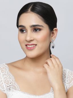 ZENEME - Silver Toned Rhodium Blue Crystal American Diamond Pink Oval Drop Earrings for Women