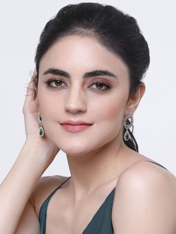 ZENEME - Rhodium-Plated Silver Toned Green American Diamond Studded Drop Earrings for Women