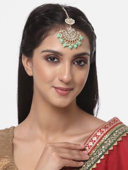 ZENEME - Gold-Plated Kundan Studded with Lime Green Drop Pearls Maang Tikka for Women & Girls