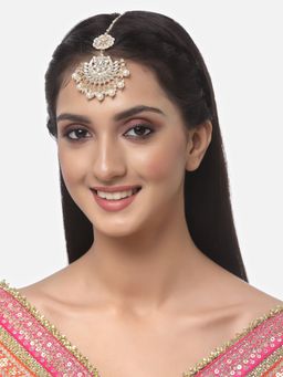 ZENEME - Gold-Plated Kundan Studded with White Drop Pearls Maang Tikka for Women & Girls
