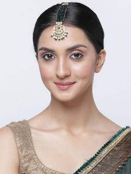 ZENEME - Gold-Plated Stone-Studded Green Beaded Meenakari Shaped Maang Tikka for Women