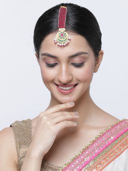 ZENEME - Gold-Plated Stone-Studded Red Beaded Meenakari Shaped Maang Tikka for Women