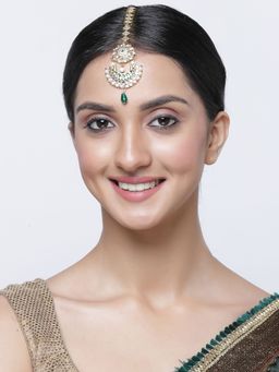 ZENEME - Gold-Plated Stone-Studded Green Beaded Meenakari Shaped Maang Tikka for Women