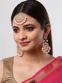 ZENEME - Pink Pearl Studded Handcrafted Kundan Maang Tika and Matching Earring Jewellery