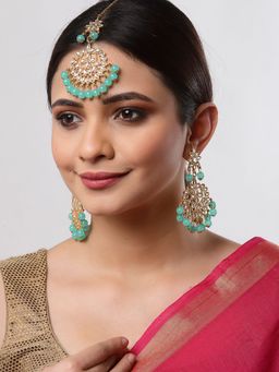 ZENEME - Blue Pearl Studded Handcrafted Kundan Maang Tika and Matching Earring Jewellery
