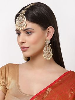ZENEME - Gold-Plated Kundan Studded White Pearl Beaded Maangtikka & Earring for Women