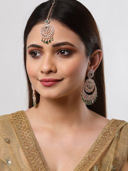 ZENEME - Rose Gold-Plated Green American Diamond Contemporary Earring & Maang Tikka for Women