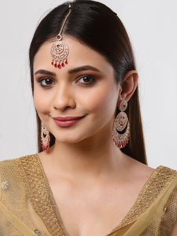 ZENEME - Rose Gold-Plated Pink American Diamond Contemporary Earring & Maang Tikka for Women