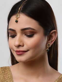 ZENEME - Gold-Plated Green Kundan Stone Studded Maang Tikka with Earring