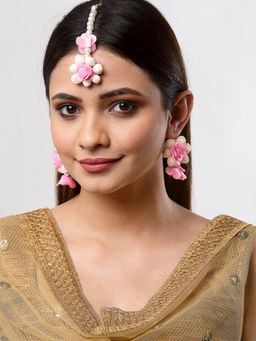 ZENEME - Pink Rose White Beads Gota Patti Maang Tikka with Earring