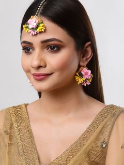 ZENEME - Pink Yellow Gold Gotta Patti Drop Maang Tikka with Earring Set