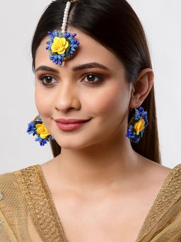 ZENEME - Yellow Blue Gota Patti Floral Jewellery Set