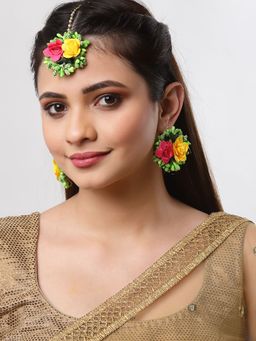 ZENEME - Red Yellow Green Floral Gota Patti Drop Maang Tikka with Earring