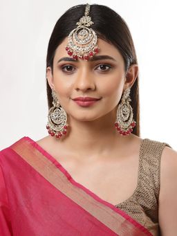 ZENEME - Gold-Plated Kundan Studded Red Pearl Beaded Maangtikka & Earring for Women