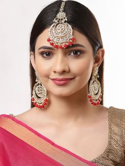 ZENEME - Gold-Plated Kundan Studded Red Pearl Beaded Maangtikka & Earring for Women