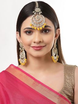 ZENEME - Gold-Plated Kundan Studded Yellow Pearl Beaded Maangtikka & Earring for Women
