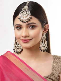 ZENEME - Gold-Plated Kundan Studded Black Pearl Beaded Maangtikka & Earring for Women