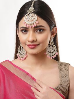 ZENEME - Gold-Plated Kundan Studded Pink Pearl Beaded Maangtikka & Earring for Women