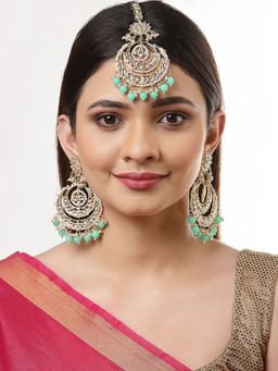 ZENEME - Gold-Plated Kundan Studded Lime Green Pearl Beaded Maangtikka & Earring for Women