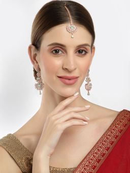 ZENEME - Rose Gold-Plated Green American Diamond Contemporary Earring & Maang Tikka for Women