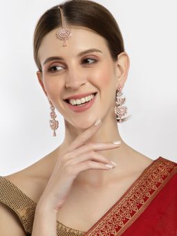 ZENEME - Rose Gold-Plated Pink American Diamond Contemporary Earring & Maang Tikka for Women