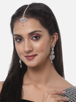 ZENEME - Rhodium Plated Pink American Diamond Contemporary Earring & Maang Tikka for Women