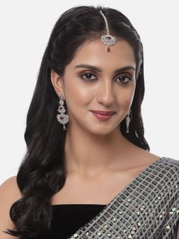 ZENEME - Rhodium Plated Red American Diamond Contemporary Earring & Maang Tikka for Women