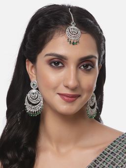 ZENEME - Rhodium Plated Green American Diamond Contemporary Earring & Maang Tikka for Women