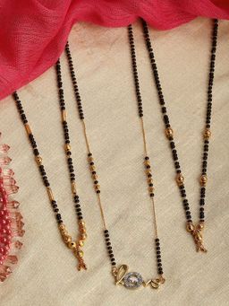 ZENEME - Gold-Plated Pack of 3 Black White Ad Studded Beaded Mangalsutra for Women