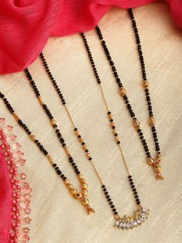 ZENEME - Gold-Plated Pack of 3 Black White Ad Studded Beaded Mangalsutra for Women