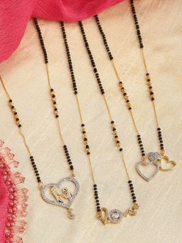 ZENEME - Gold Plated Alloy Black Beaded Pack of 3 Ad Studded Mangalsutras for Women