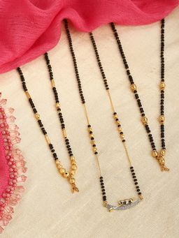 ZENEME - Gold-Plated Pack of 3 Black White Ad Studded Beaded Mangalsutra for Women