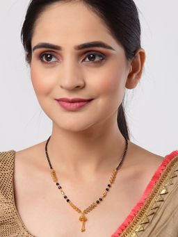 ZENEME - Gold-Plated Black Beaded Leaf Design Mangalsutra