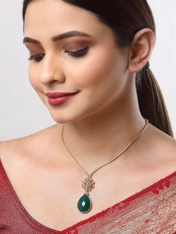 ZENEME - Gold-Plated Green Off-White Cz-Studded Pendant with Chain for Women & Girl