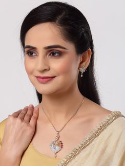 ZENEME - Pink Gold Plated White Cz Stone Studded Peacock Pendant Set