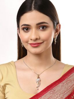 ZENEME - Gold-Plated White Red Ad-Studded Peacock Shaped Pendant with Chain Earrings