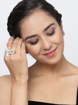 ZENEME - Gold-Plated Ad Studded Leaf & Flower Adjustable Finger Ring for Women