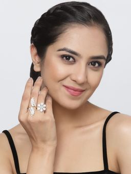 ZENEME - Gold-Plated Ad Studded Leaf & Flower Adjustable Finger Ring for Women