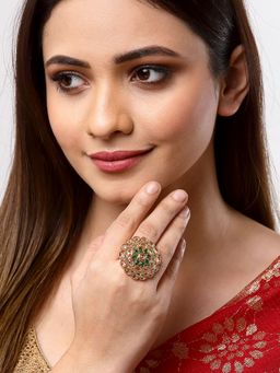 ZENEME - Gold-Plated Green Cz Stoned Studded Adjustable Finger Ring for Women & Girls