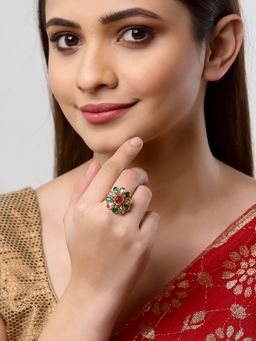 ZENEME - Gold-Plated Multi Colour Cz Stoned Studded Adjustable Finger Ring for Women & Girls