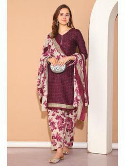 Rajnandini - Wine Cotton Blend Printed Kurta and Salwar with Dupatta (Set of 3)