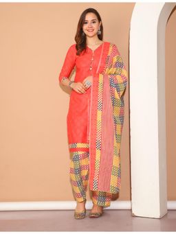 Rajnandini - Peach Cotton Blend Printed Kurta and Salwar with Dupatta (Set of 3)